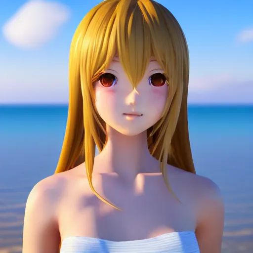 Image similar to ichinose honami, Render of a very beautiful 3d anime girl, long hair, hazel eyes, cute freckles, full round face, short smile, cute sundress, golden hour, serene beach setting, medium shot, mid-shot, highly detailed, trending on Artstation, Unreal Engine 4k