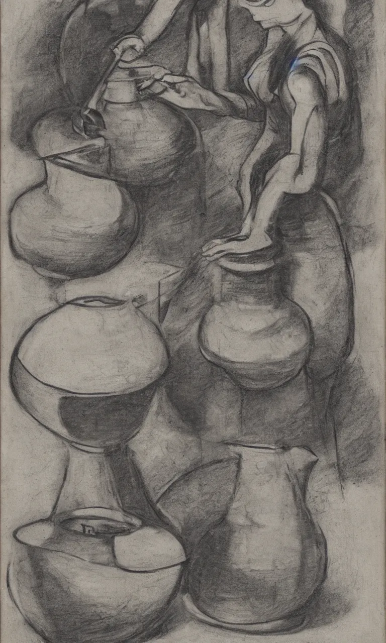 Prompt: abstract charcoal drawing of a woman at a pottery wheel making vases