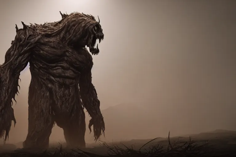 Image similar to a tall humongous angry monster made of flesh and bones, standing faraway in the far distance, elden ring boss, realism, photo realistic, high quality, misty, hazy, ambient lighting, cinematic lighting, studio quality, scary