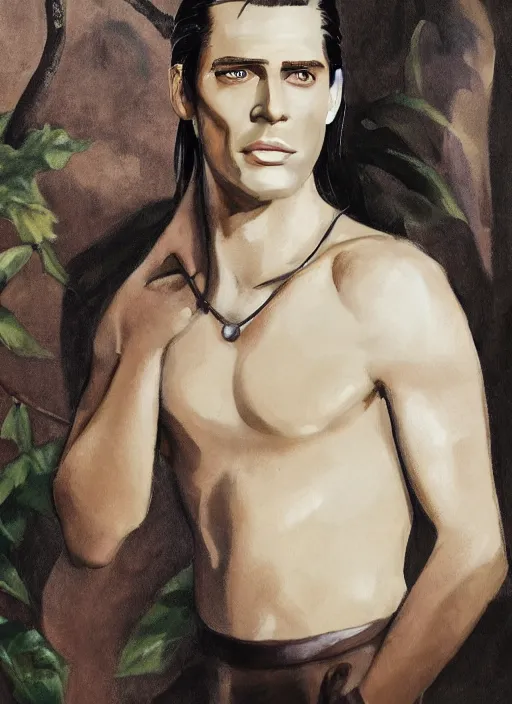 Prompt: Tarzan with long dark brown slicked back hair shoulder length slicked back hair, with pearl necklace and pearl earing, in the museum, in white turtleneck shirt, Tarzan, painting in the museum, highly detailed, sharp focus, digital painting