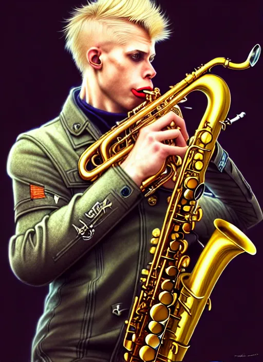 Prompt: portrait of a blond man playing sax, warhammer 40000, cyberpunk, intricate, highly detailed, digital painting, artstation, concept art, smooth, sharp focus, illustration, art by Amano and Karol_Bak and artgerm and greg rutkowski and alphonse mucha and Gustav Klimt and Kojima