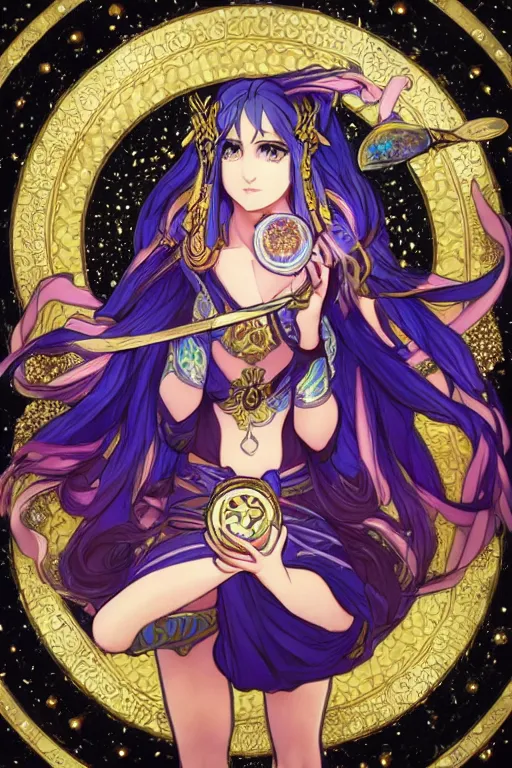 Image similar to psychedelic, intricate, highly detailed, anime, 4k, beautiful seductive lucina from fire emblem holding a crystal containing the universe, with professional makeup, long trippy hair, surrounded by gems, underneath the stars, trending on patreon, deviantart, twitter, artstation, volumetric lighting, heavy contrast, by artgerm and Ilya Kuvshinov and alphonse mucha