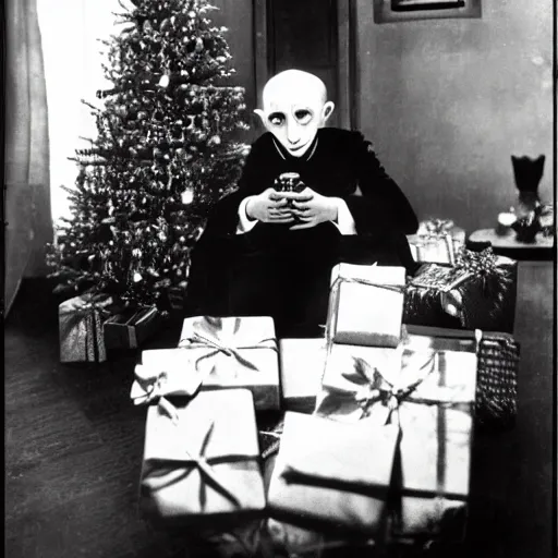 Image similar to count orlok sitting cross - legged by the christmas tree, excitedly opening presents, photograph