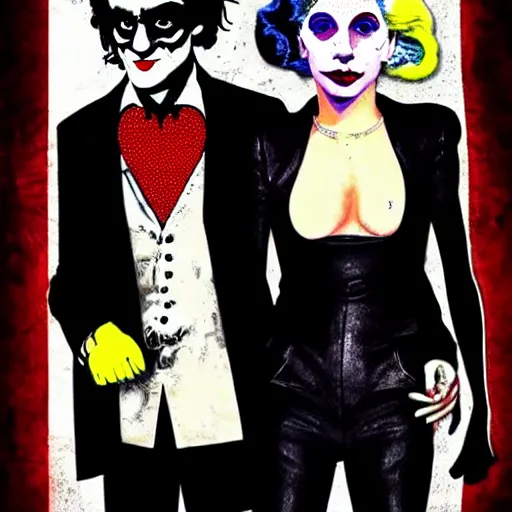 Image similar to mimmo rottela and banksy as joaquin phoenix skinny joker holding hand lady gaga harley queen, photorealistic, intricate details, pop art style, baroque, hyperdetailed, concept art, ultrarealistic, 3 colors