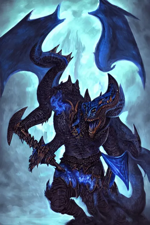 Image similar to a dark blue dragonborn with large tusks, half of his face flaming with blue flame, he wears a black dragon scales armor, D&D art