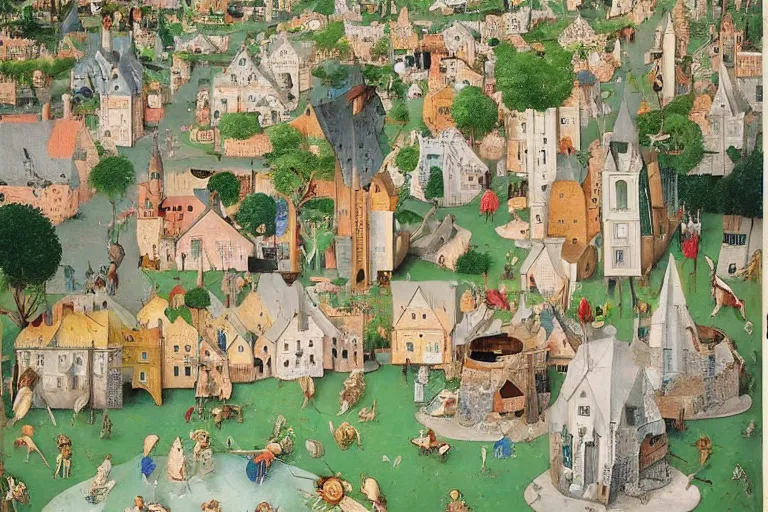 Prompt: an elaborate and dense painting of a peaceful neighborhood, detailed, made of alcohol ink on parchment and penned illustrations, by wes anderson!!!!!!!! and ( ( ( ( ( ( ( ( ( ( hieronymus bosch ) ) ) ) ) ) ) ) ) ) and geoff darrow!!!!!!!!