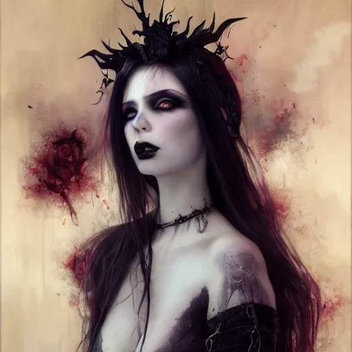 Image similar to gothic, grimdark a beautiful portrait of kerli koiv with pastel goth makeup, a detailed painting by greg rutkowski and raymond swanland and luis royo, featured on cgsociety, grimdark art, detailed painting, artstation hd, photorealistic