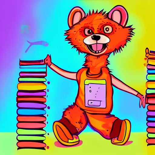 Prompt: anthropomorphic furry character of a weasel in shortalls and colorful sneakers. in a kindergarten classroom. digital art, brush pen, dramatic lighting