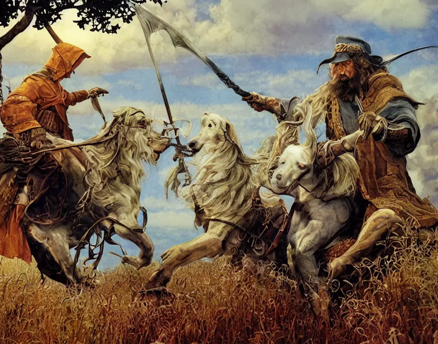 Prompt: Gandalf the White riding a dachshund, intricate artwork by Angus McBride, John Howe, Matthew Stewart, Ted Nasmith high detail, vibrant colors, high contrast