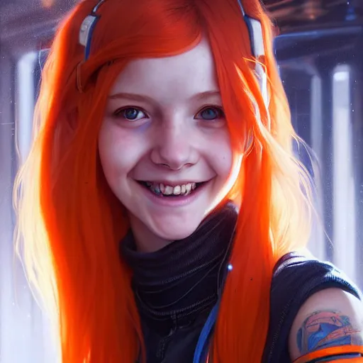 Image similar to portrait painting of a cute teenage girl with wild orange hair and a bright smile wearing cyberpunk clothes, ultra realistic, concept art, intricate details, eerie, highly detailed, photorealistic, octane render, 8 k, unreal engine. art by artgerm and greg rutkowski and charlie bowater and magali villeneuve and alphonse mucha