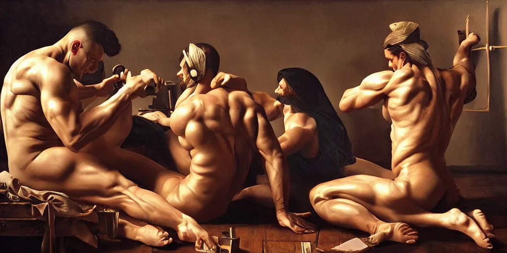 Image similar to beautiful oil matte portrait painting, bodybuilders playing video games, wonderful masterpiece highly detailed, beautiful cinematic light deep focus, elegant, digital painting, smooth, sharp focus, golden ratio, dramatic illumination, ultra realistic, 8 k, art by artemisia lomi gentileschi and caravaggio