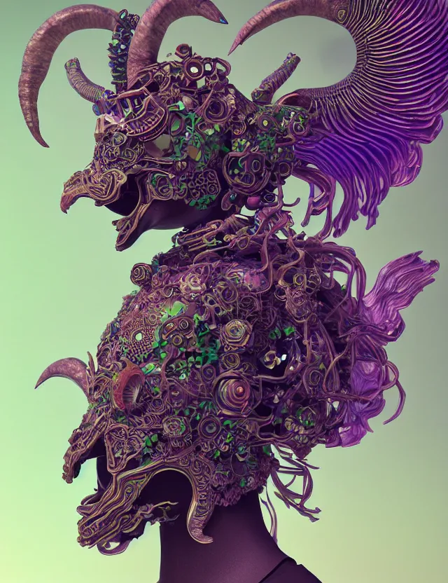 Image similar to 3 d goddess close - up profile solarpunk portrait ram skull. beautiful intricately detailed japanese crow kitsune mask and clasical japanese kimono. betta fish, jellyfish phoenix, bio luminescent, plasma, ice, water, wind, creature, artwork by tooth wu and wlop and beeple and greg rutkowski