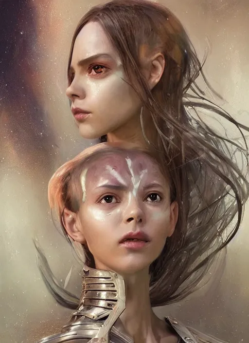 Image similar to a professional painting of a beautiful young female alien, clothed in ethereal armor, olive skin, long dark hair, beautiful bone structure, symmetrical facial features, intricate, elegant, digital painting, concept art, smooth, sharp focus, illustration, from Valerian and the City of a Thousand Planets, by Ruan Jia and Mandy Jurgens and Artgerm and William-Adolphe Bouguerea