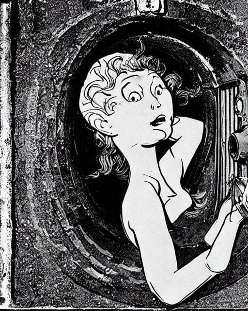 Image similar to attractive young woman cautiously peering into manhole cover open swirling into another dimension, surreal, ralph bakshi