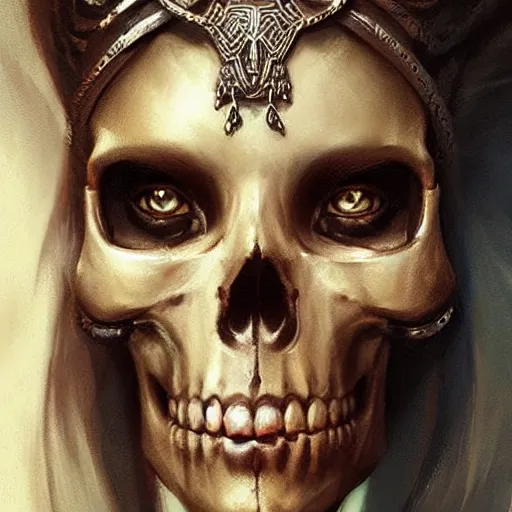 Image similar to a beautiful portrait of a skull goddess by Greg Rutkowski and Raymond Swanland, Trending on Artstation, ultra realistic digital art