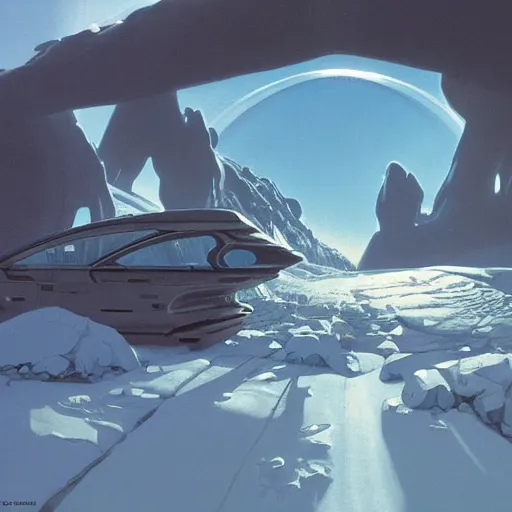 Image similar to Frozen frontiers on an alien planet, floating mountains above clouds in the background, vanishing perspective of a road, ravine, Syd Mead, John Harris, Federico Pelat,