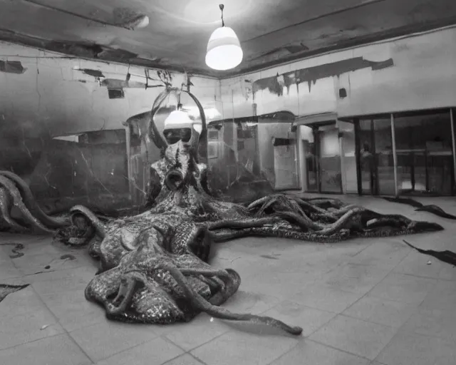 Image similar to camera footage of a extremely aggressive Giant mutated Octopus with glowing white eyes in an abandoned shopping mall, Psychic Mind flayer, Terrifying :7 , high exposure, dark, monochrome, camera, grainy, CCTV, security camera footage, timestamp, zoomed in, Feral, fish-eye lens, Fast, Radiation Mutated, Nightmare Fuel, Wolf, Evil, Bite, Motion Blur, horrifying, lunging at camera :4 bloody dead body, blood on floors, windows and walls :5