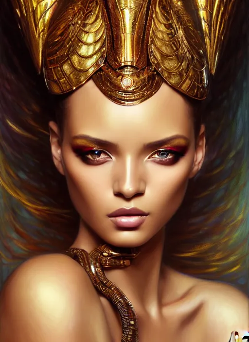 Prompt: glamorous african, seductive eyes and face, elegant, lascivious pose, very detailed face, studio lighting, photorealism, wearing futuristic armor , portrait by Magali Villeneuve and Steve Argyle,Livia Prima,Mucha,dress,fantasy art,beautiful,artstation,trending on artstation,intricate details,alluring,masterpiece