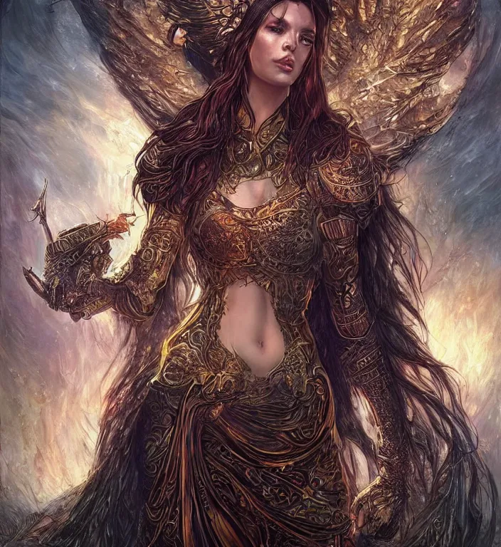 Prompt: unreal engine render + a goddess, tarot card, dark souls colour scheme, luminal, smooth, coherent, high detailed, by Karol Bak, featured on artstation, instagram HD, unreal engine