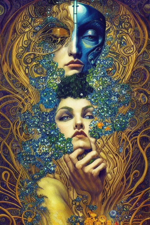 Image similar to Visions of Paradise by Karol Bak, Jean Deville, Gustav Klimt, and Vincent Van Gogh, visionary, otherworldly, fractal structures, ornate gilded medieval icon, third eye, spirals, heavenly spiraling clouds with godrays, airy colors