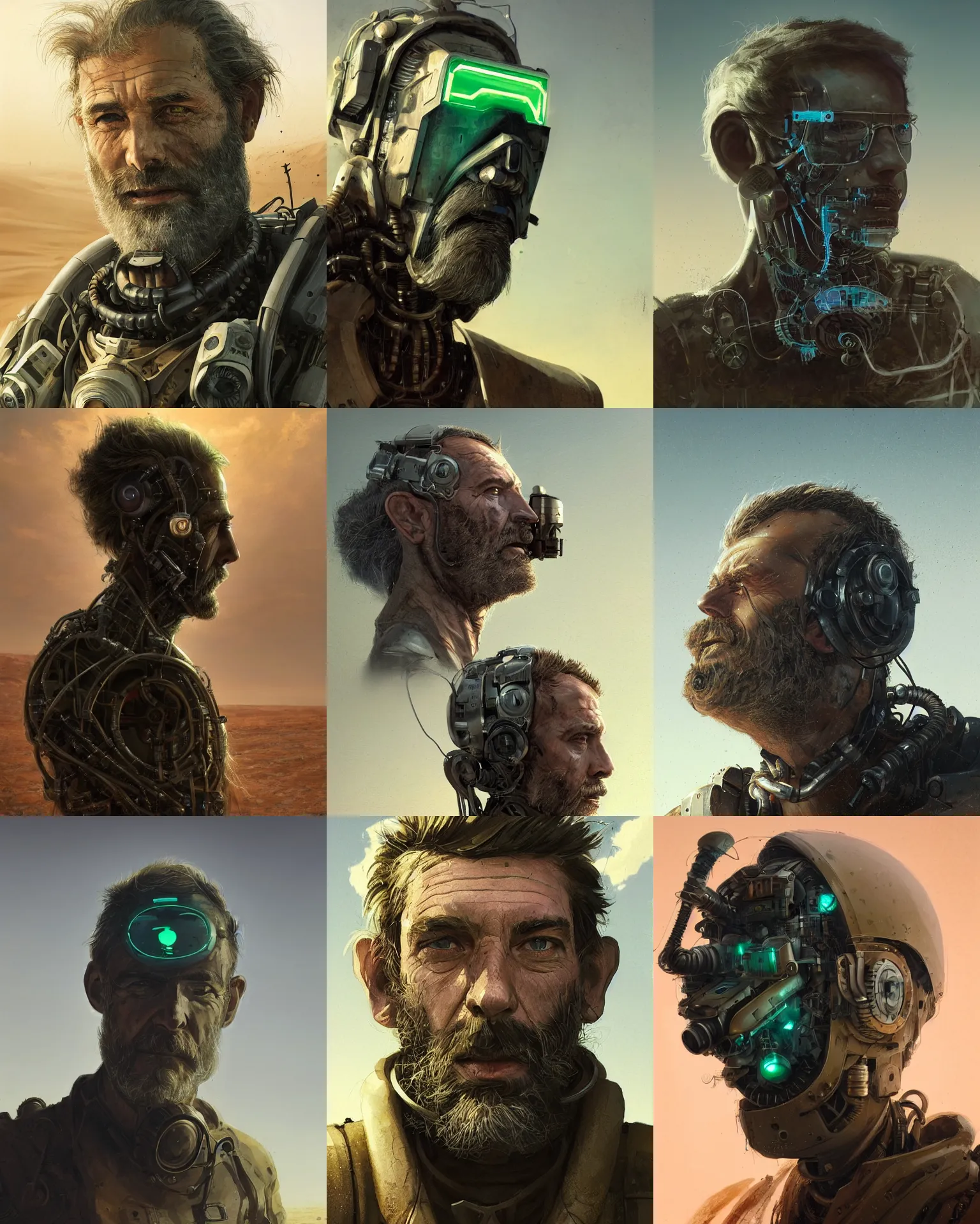 Prompt: a rugged middle aged engineer man with cybernetic enhancements and peculiar hair lost in the desert, scifi character portrait by greg rutkowski, esuthio, craig mullins, short beard, green eyes, 1 / 4 headshot, cinematic lighting, dystopian scifi gear, gloomy, profile picture, mechanical, half robot, implants, steampunk