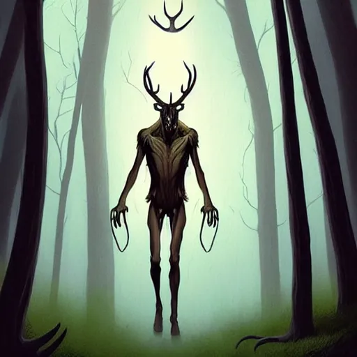 Image similar to rafeal albuquerque comic art, joshua middleton, artgerm : : wendigo monster with deer skull face, antlers, furry body, tall and lanky : : walking through the forest : : night time : : spooky, scary, fog