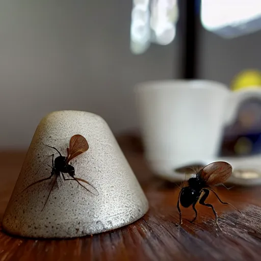 Image similar to a moldy coffee cup with flies and a rotting mouse corpse next to it, scary, wide angle phone shot, a large ammount of dust is in the room.