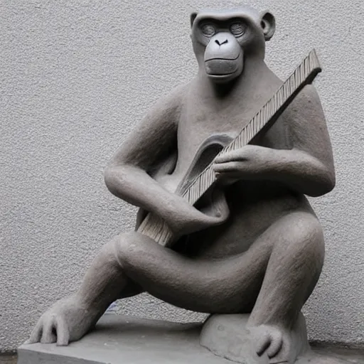 Image similar to a concrete statue of a monkey playing the guitar