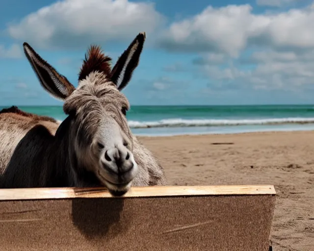 Prompt: realistic photo of a donkey wearing a suit sunbathing on a sunbed at the beach