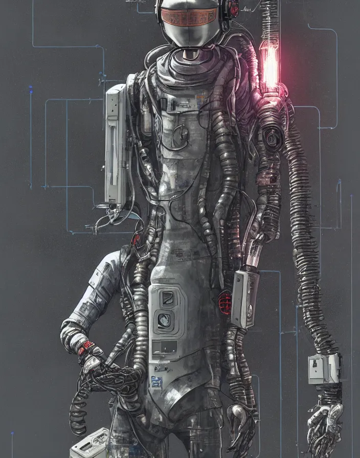 Image similar to realistic cyberpunk japanese engineer with long limbs and a black spacesuit carrying welder, techwear, dead space, visible face, Industrial Scifi, detailed illustration, character portrait, by Martin Grip and Moebius