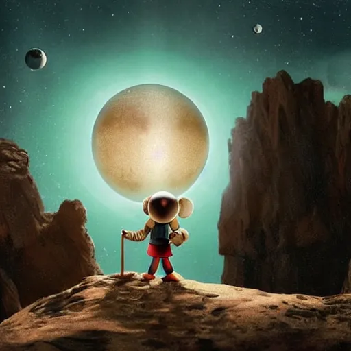 Prompt: the minor - planet pluto, unhappy because it wants to be a real planet. imax, 7 0 mm. digital live - action. concept art. dramatic lighting. pinocchio ( 1 9 4 0 ) animated feature film. neo - noir science fiction.