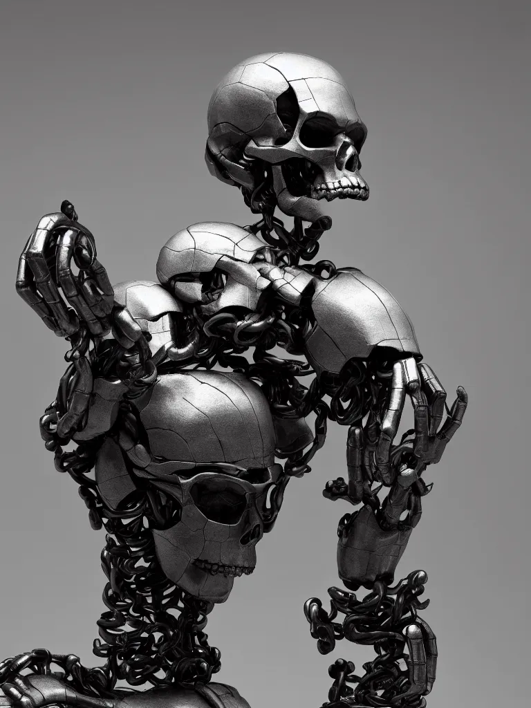 Prompt: the thinker sculpture as an skully I Robot, smoke background, by mario feng, ray tracing, master shot, octane render, 8k, ultra hd, perfect light