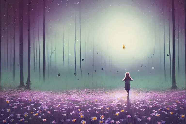 Image similar to giant bunch of daisy flowers head, girl walking in dark forest, surreal photography, dark night, stars, moon light, impressionist painting, clouds, digital painting, artstation, simon stalenhag