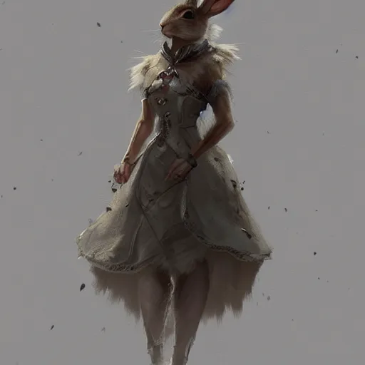 Image similar to A beautiful anthropomorphic rabbit woman in a dress, artstation, highly detailed, greg rutkowski