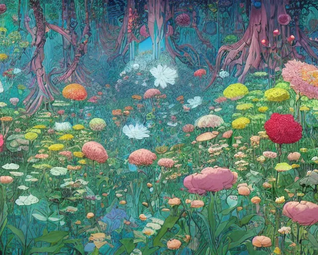 Prompt: a painting of a flower forest, a photorealistic painting by james jean, behance contest winner, fantasy art, made of flowers, concept art, 2 d game art by victo ngai, geof darrow, peter mohrbacher, johfra bosschart, miho hirano