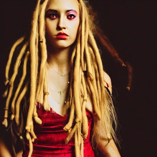 Image similar to instagram photography flawless young beautiful female with blonde and red dreadlocks in a black ballgown, dark, piercing clear eyes, symmetrical golden ration exotic stoic expression, photorealistic, highly detailed, mysterious lighting, smooth, sharp focus, 8 0 mm camera