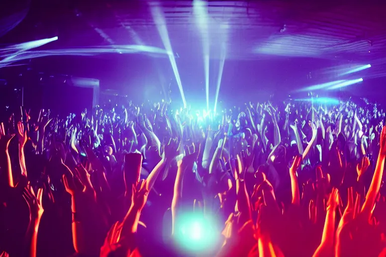 Image similar to crowd partying with their hands up at a club, volumetric lighting, haze, light beams, discoball, dj on stage with raised hands, silhouette, digital art, trending on artstation, 4k, unreal engine, intricate, ornate