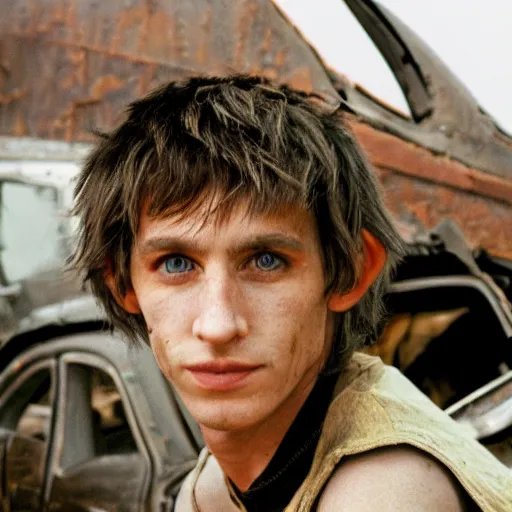 Image similar to close up headshot of a skinny high-fantasy elf with a long face narrow chin and spiky blonde hair wearing dark brown overalls and holding a bomb next to a destroyed car, high resolution film still, HDR color