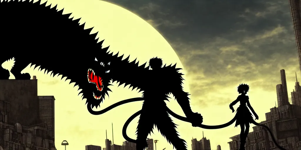 Image similar to Big city, huge cat monster silhouette in the background, in the style of Kentaro Miura, Berserk, landscape, hyperdetailed, ultra quality, 4k, ultra details