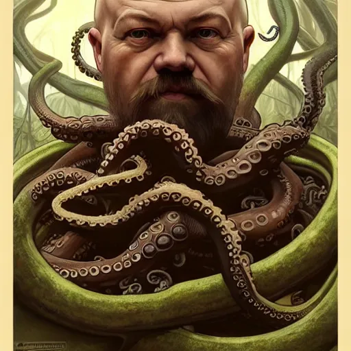 Prompt: photo of vladimir lenin as humanoid octopus with tentacles beard hybrid were a heroic dress an armour in the forest, highly detailed, digital painting, artstation, smooth, sharp focus, illustration, art by artgerm and greg rutkowski and alphonse mucha