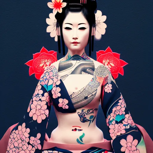 Image similar to an android geisha in a lotus position wearing a flowing kimono and tattoos, octane render, unreal engine, 8 k, cinematic, artwork by ilya kuvshinov