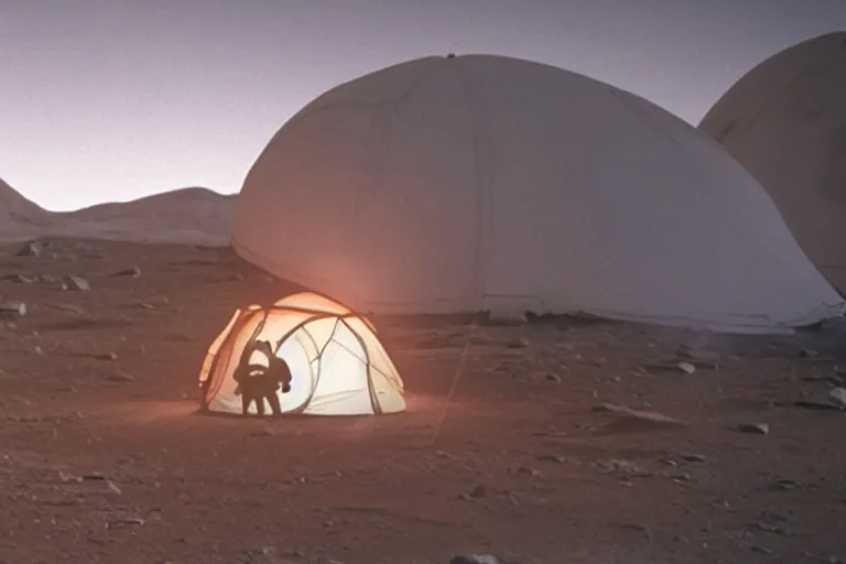 Prompt: photograph of an astronaut living in a tent lonely in Mars