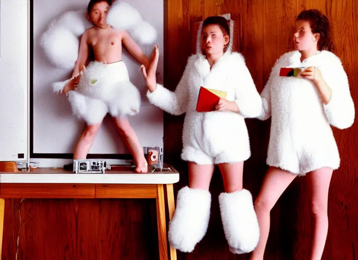 Prompt: realistic photo of a three young female birdman wearing white shorts, watching at a levitating fluffy furry cloud, in a living room sci - fi laboratory with many wooden gadgets made of wood interior is made of wood 1 9 9 0, life magazine reportage photo, natural colors