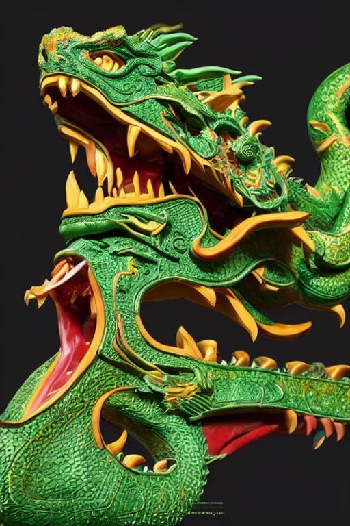 Image similar to a chinese dragon carved from jade, dynamic pose, close - up, intricate details, intricate textures, warm lighting, vivid colors, smoke and mist, realistic octane render, hyper realistic render, volumetric shading, depth of field, raytracing, 8 k,