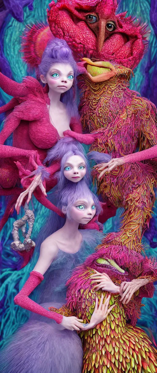 Prompt: hyper detailed 3d render like a Oil painting - kawaii portrait of two Aurora (a beautiful skeksis muppet fae princess protective playful expressive from dark crystal that looks like Anya Taylor-Joy) seen red carpet photoshoot in UVIVF posing in scaly dress to Eat of the Strangling network of yellowcake aerochrome and milky Fruit and His delicate Hands hold of gossamer polyp blossoms bring iridescent fungal flowers whose spores black the foolish stars by Jacek Yerka, Ilya Kuvshinov, Mariusz Lewandowski, Houdini algorithmic generative render, Abstract brush strokes, Masterpiece, Edward Hopper and James Gilleard, Zdzislaw Beksinski, Mark Ryden, Wolfgang Lettl, hints of Yayoi Kasuma and Dr. Seuss, octane render, 8k