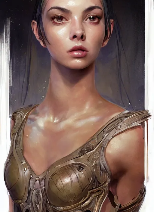 Image similar to a professional painting of a beautiful young female alien, clothed in ethereal armor, olive skin, long dark hair, beautiful bone structure, symmetrical facial features, intricate, elegant, digital painting, concept art, smooth, sharp focus, illustration, from Valerian and the City of a Thousand Planets, by Ruan Jia and Mandy Jurgens and Artgerm and William-Adolphe Bouguerea