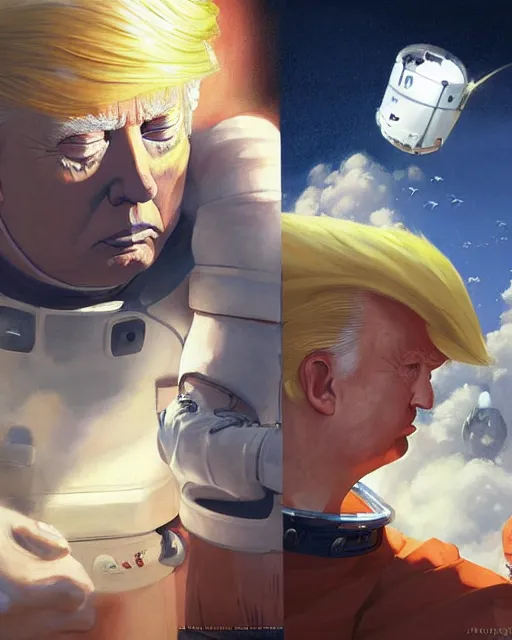 Prompt: donald trump and san goku facing each other off dressed in spaceship pilot dresses shaking hands, portrait, illustration, rim light, top light, perfectly shaded, spring time, slight overcast lighting, soft painting, art by krenz cushart and wenjun lin