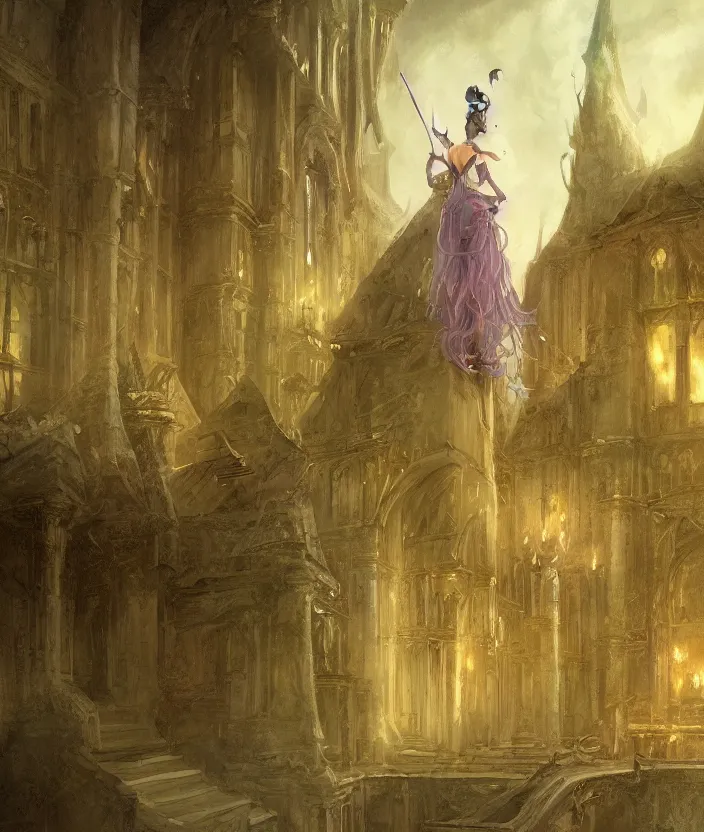 Image similar to Fantasy concept art of a witch girl standing on a palace room by William-Adolphe Bouguerea, highly detailded