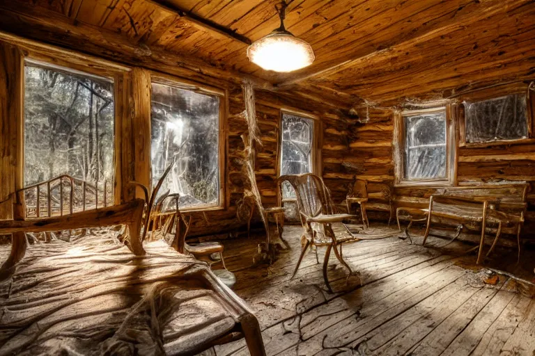 Image similar to a film production still, 2 8 mm, wide shot of a cabin interior, wooden furniture, cobwebs, spiderwebs, dynamic volumetric lighting, abandoned, depth of field, cinematic