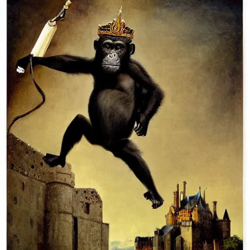 Prompt: A print that features a chimpanzee surrounded by a castle turret. The chimp is shown wearing a crown and holding a scepter, and the castle is adorned with banners. by Maurice Sapiro